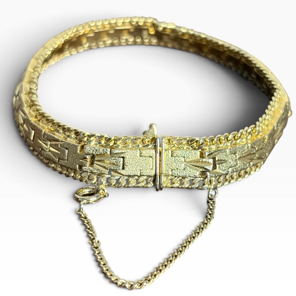 24K Gold Plated Vintage 1960s Geometric Link 8.5" Bracelet Safety Chain Women